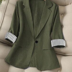 SHEIN Olive Blazer with Striped Cuffs